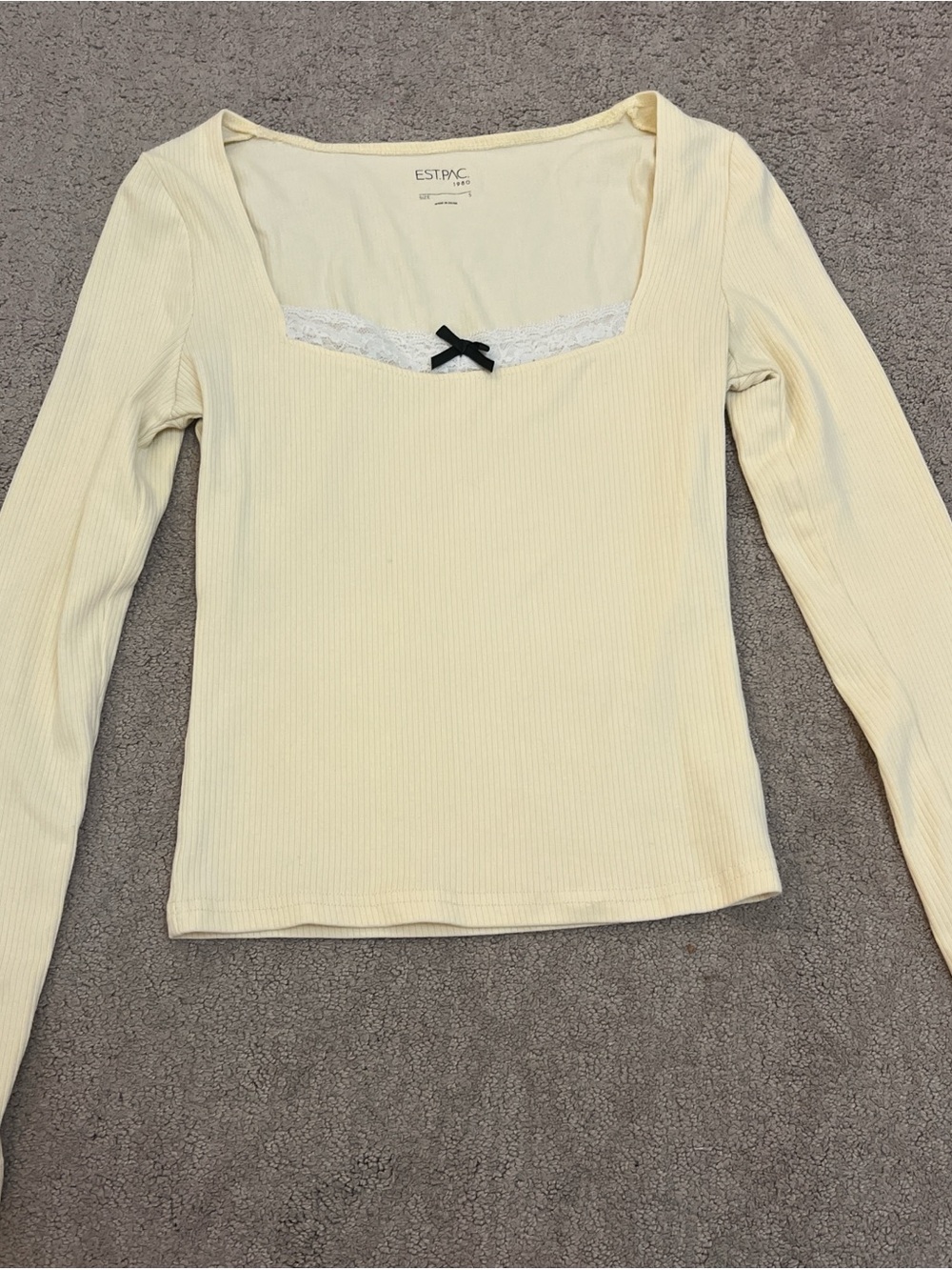 EST•PAC Cream Ribbed Long-Sleeve Square Neck Top with Lace Trim